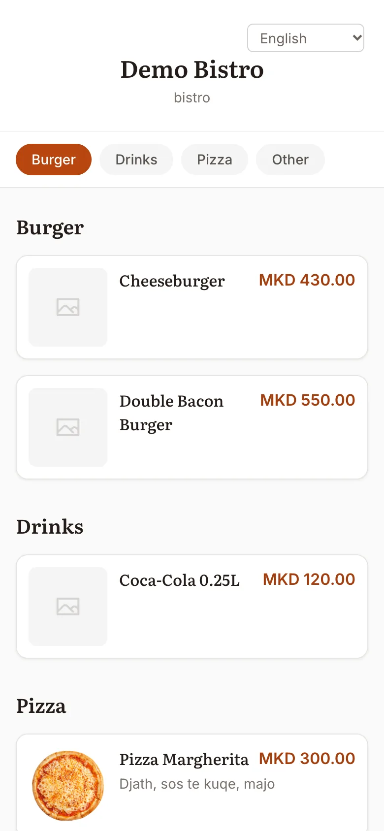 A restaurant’s QR menu on a guest’s phone, built from the Restivo catalog