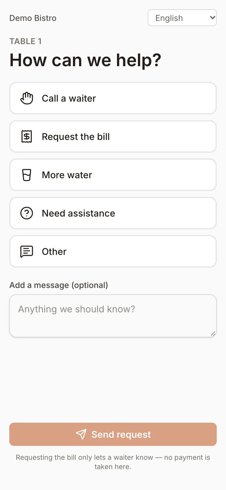 What a guest sees after scanning a table’s QR code: buttons to call a waiter, ask for the bill, water or help, and a message field