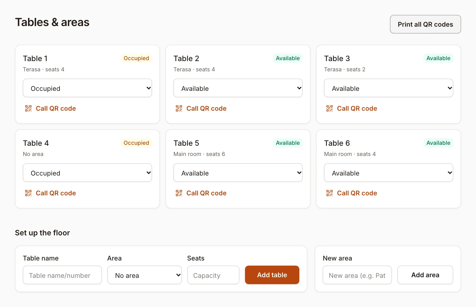 Restivo tables screen: every table with its area, seats, whether it is available or occupied, and its call QR code